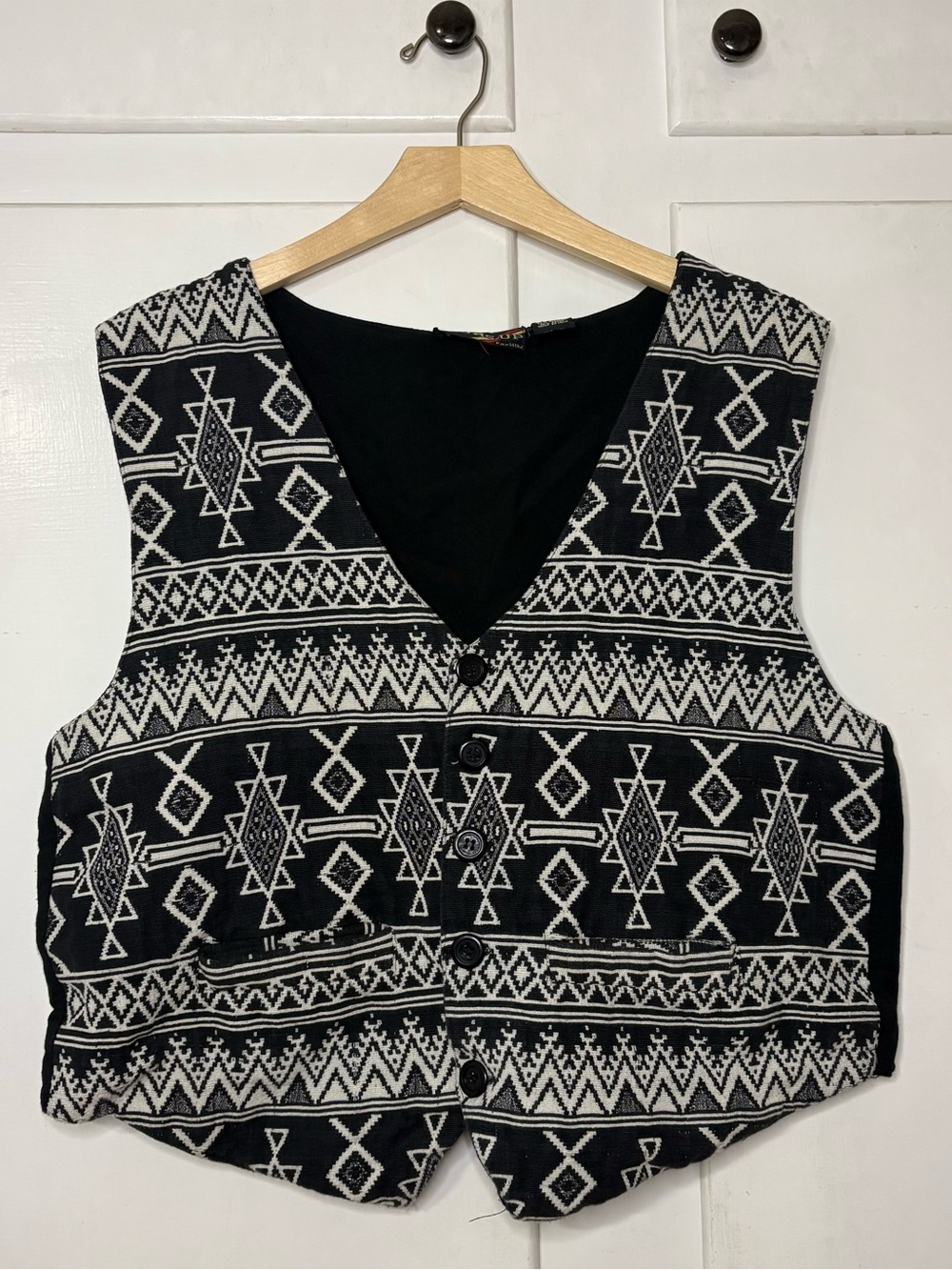 Vintage 90s Thums Up Black White Cotton Rayon Southwestern Aztec Tapestry Vest